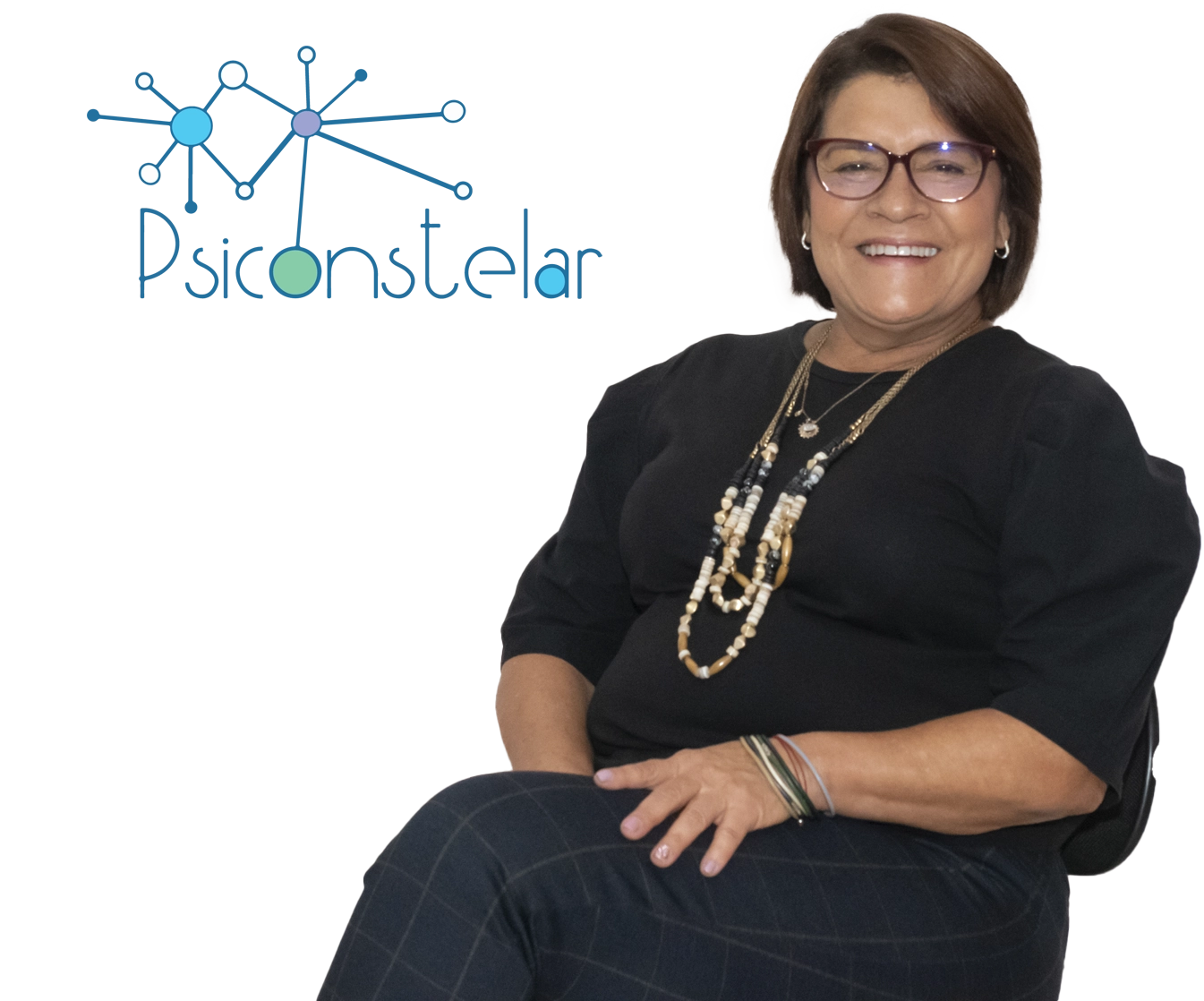 Dra. Leda Ureña Umaña sentada sonriendo junto al logotipo oficial de Psiconstelar, Constelaciones Familiares.